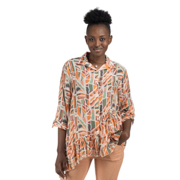 Geometric print asymmetrical frill blouse