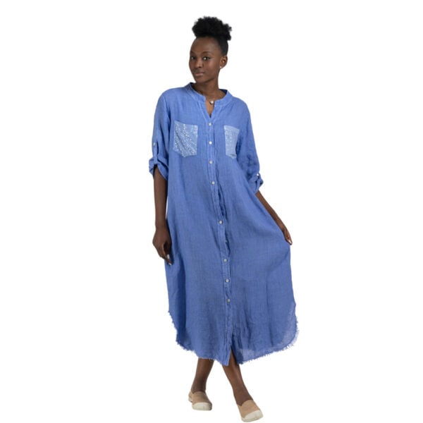 100% Linen sequin detail raw-edge shirt dress