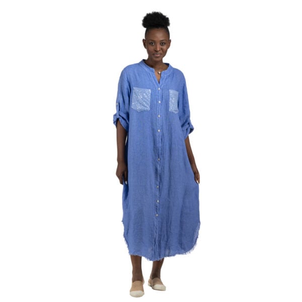 100% Linen sequin detail raw-edge shirt dress