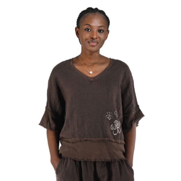 100% Linen raw edge diamante daisy top