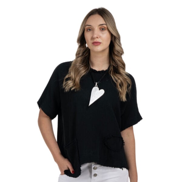 Raw-edge front pocket linen top