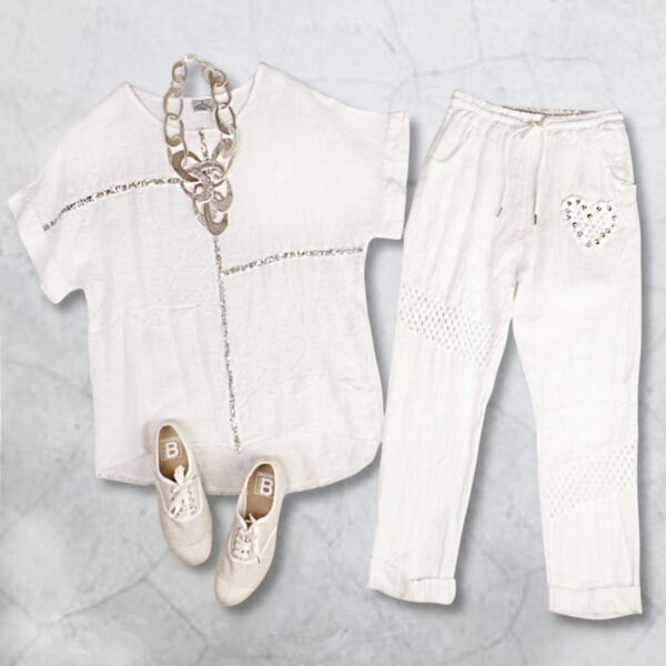 Embroidered crochet diamante heart pants