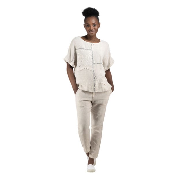 100% Linen sequin anglaise braided top
