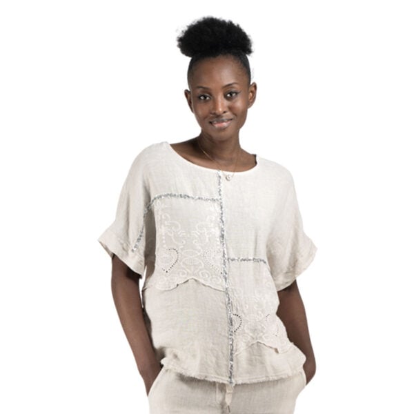 100% Linen sequin anglaise braided top