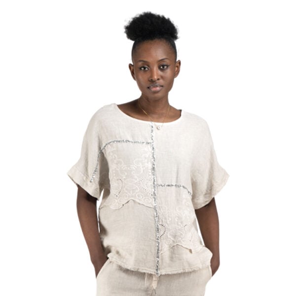 100% Linen sequin anglaise braided top