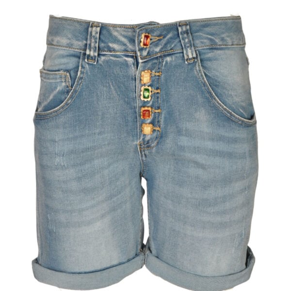 Square button torn denim shorts 
