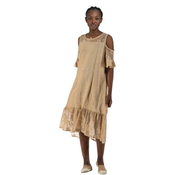 100% Linen cold shoulder lace trim dress