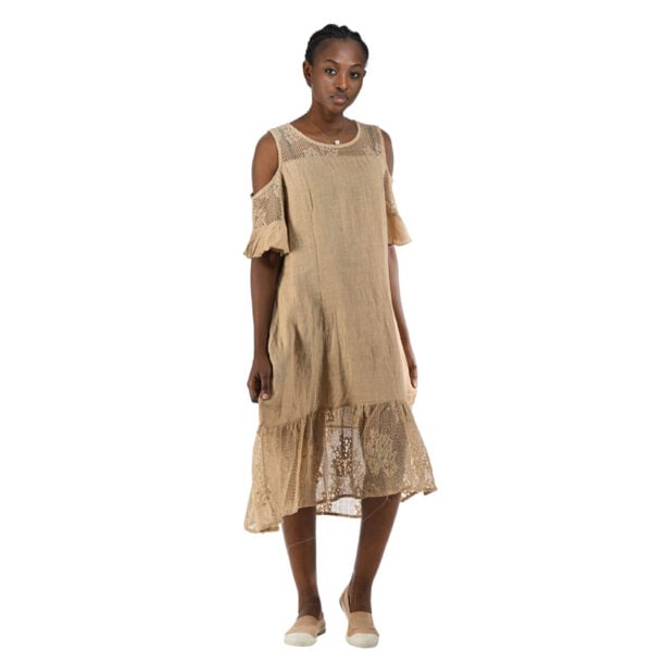 100% Linen cold shoulder lace trim dress