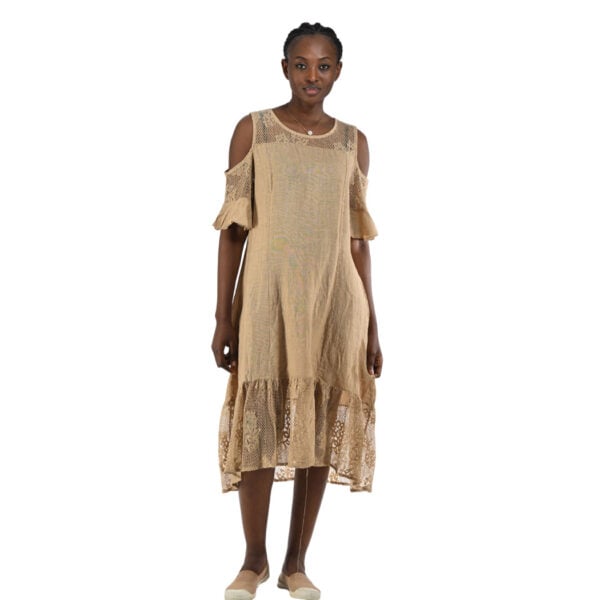 100% Linen cold shoulder lace trim dress