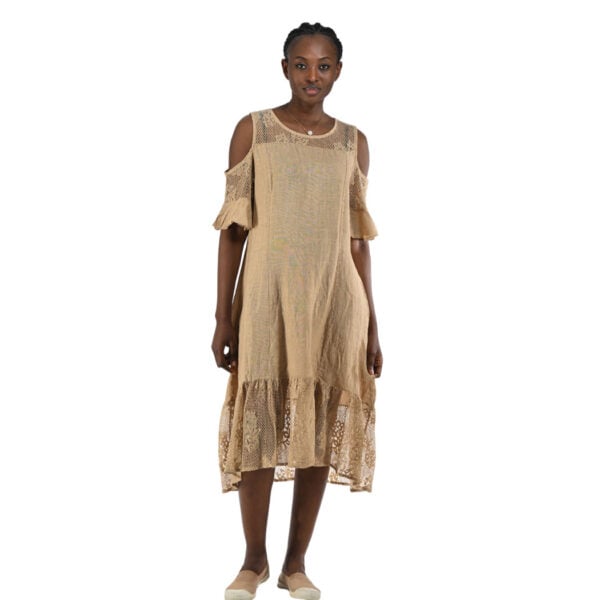 100% Linen cold shoulder lace trim dress