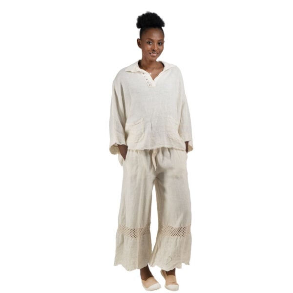 100% Linen raw-edge anglaise studded top