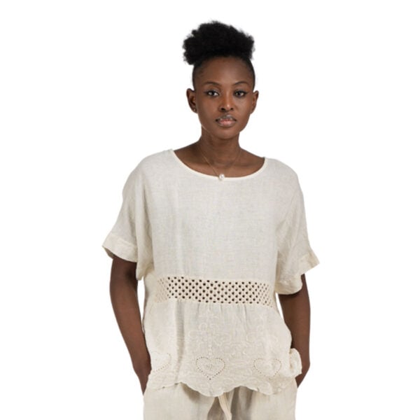 100% Linen crochet anglaise top