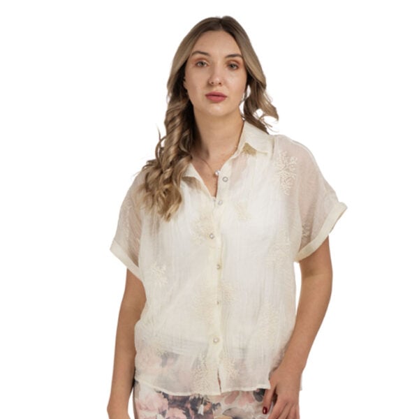 Pearl button embroidered sheer shirt