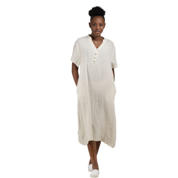 100% Linen diamante button raw-edge dress