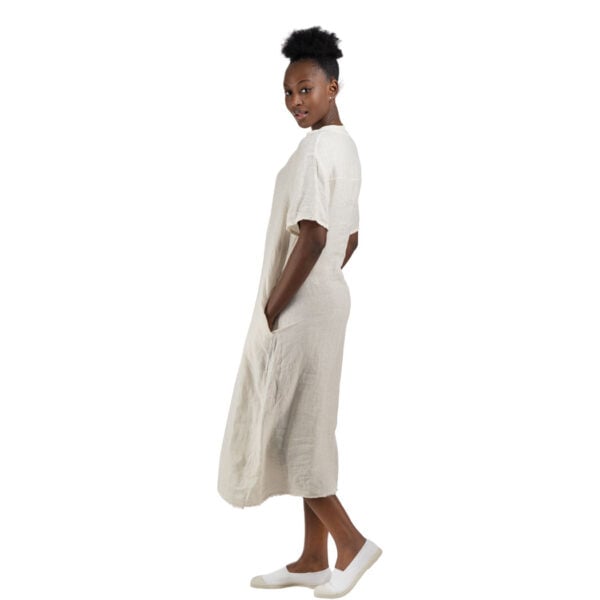 100% Linen diamante button raw-edge dress