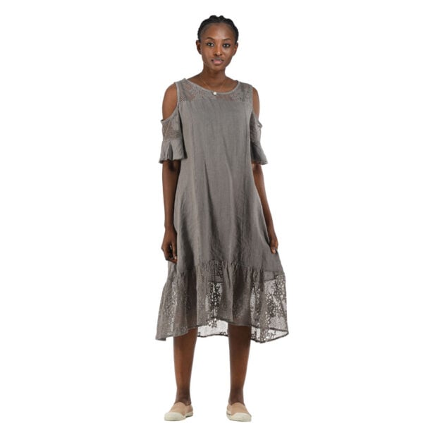 100% Linen cold shoulder lace trim dress