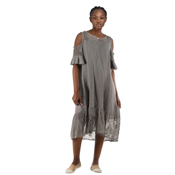 100% Linen cold shoulder lace trim dress