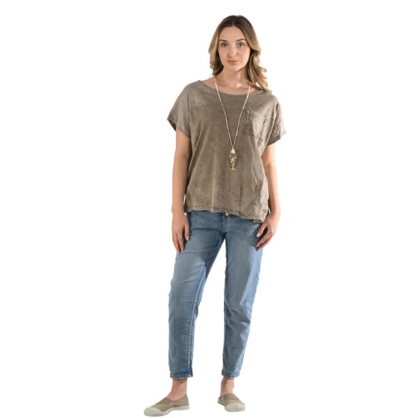 Asymmetrical button detail raw-edge overdyed top