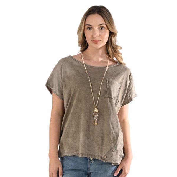 Asymmetrical button detail raw-edge overdyed top